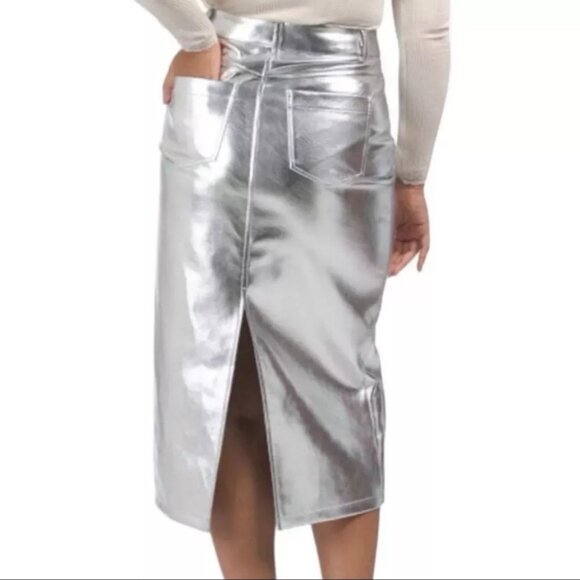 7 For All Mankind Silver Vegan Leather Midi Skirt New Tags Metallic Large 12 14 - Picture 5 of 5